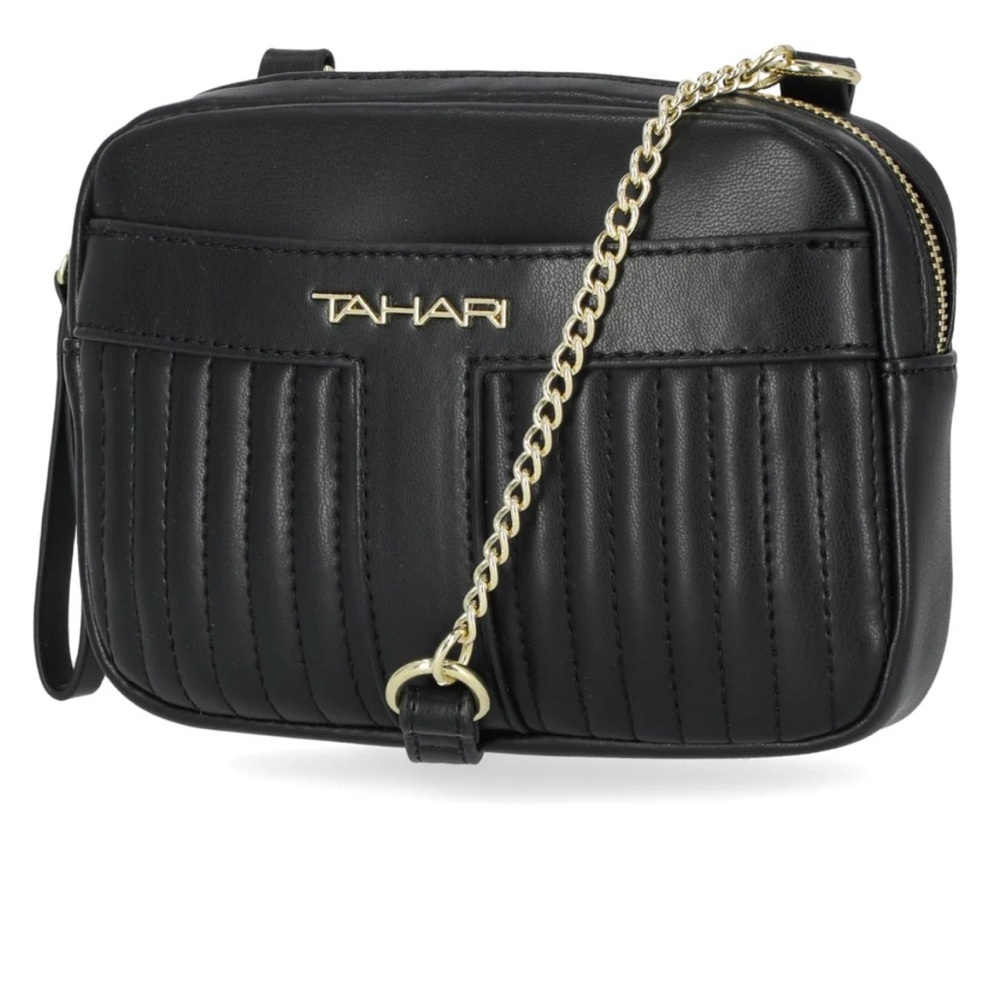 TAHARI ON THE GO BLACK CAMERA BAG CROSSBODY GOLD HARDWARE